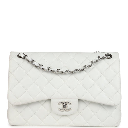 Pre-owned Chanel Jumbo Classic Single Flap Bag White Caviar Silver Hardware
