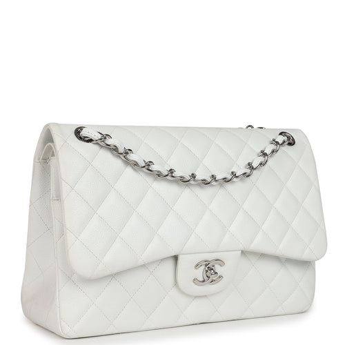 Pre-owned Chanel Jumbo Classic Single Flap Bag White Caviar Silver Hardware