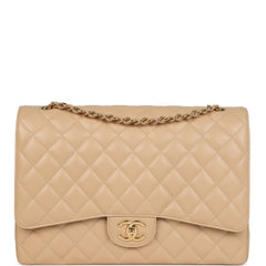 Chanel Maxi Classic Double Flap Bag Beige Caviar Gold Hardware