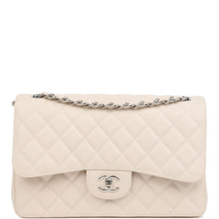 Pre-owned Chanel Jumbo Classic Double Flap Bag Light Beige Caviar Silver Hardware