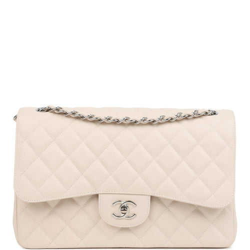 Pre-owned Chanel Jumbo Classic Double Flap Bag Light Beige Caviar Silver Hardware