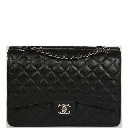 Pre-owned Chanel Maxi Classic Double Flap Bag Black Caviar Silver Hardware