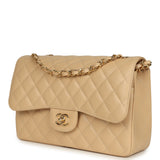 Pre-owned Chanel Jumbo Classic Double Flap Bag Light Beige Caviar Light Gold Hardware