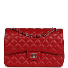 Chanel Jumbo Classic Double Flap Bag Red Lambskin Silver Hardware