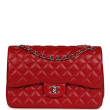 Chanel Jumbo Classic Double Flap Bag Red Lambskin Silver Hardware