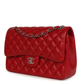 Chanel Jumbo Classic Double Flap Bag Red Lambskin Silver Hardware