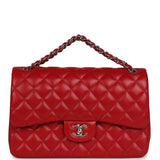 Chanel Jumbo Classic Double Flap Bag Red Lambskin Silver Hardware