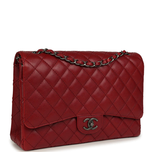 Chanel Maxi Classic Double Flap Bag Dark Red Caviar Aged Ruthenium Hardware