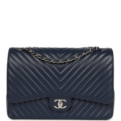 Chanel Maxi Classic Chevron Double Flap Bag Dark Blue Caviar Silver Hardware