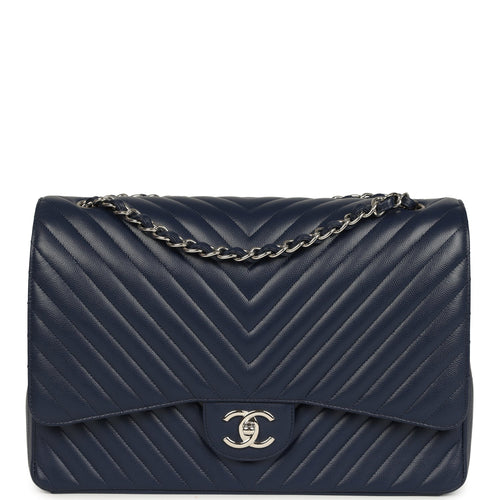 Chanel Maxi Classic Chevron Double Flap Bag Dark Blue Caviar Silver Hardware