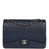 Chanel Maxi Classic Chevron Double Flap Bag Dark Blue Caviar Silver Hardware