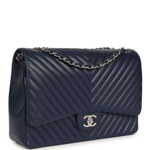 Chanel Maxi Classic Chevron Double Flap Bag Dark Blue Caviar Silver Hardware