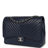 Chanel Maxi Classic Chevron Double Flap Bag Dark Blue Caviar Silver Hardware