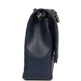 Chanel Maxi Classic Chevron Double Flap Bag Dark Blue Caviar Silver Hardware
