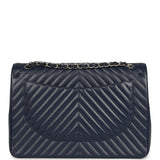 Chanel Maxi Classic Chevron Double Flap Bag Dark Blue Caviar Silver Hardware
