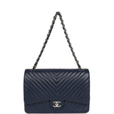 Chanel Maxi Classic Chevron Double Flap Bag Dark Blue Caviar Silver Hardware