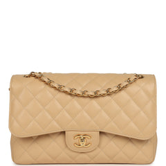 Pre-owned Chanel Jumbo Classic Double Flap Bag Light Beige Caviar Gold Hardware