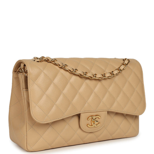 Pre-owned Chanel Jumbo Classic Double Flap Bag Light Beige Caviar Gold Hardware