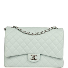 Chanel Maxi Classic Double Flap Bag Light Blue Shiny Caviar Silver Hardware