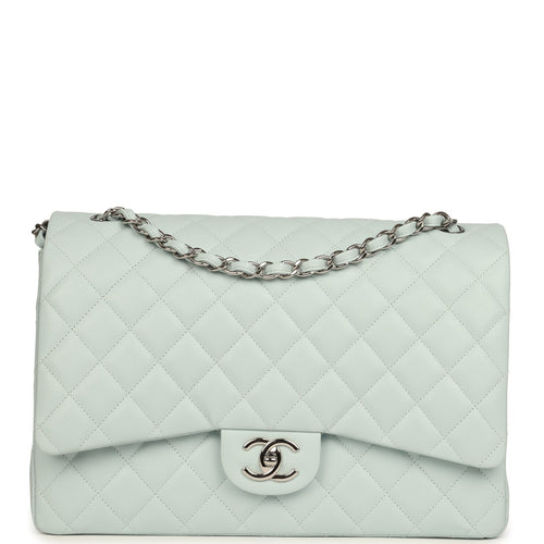 Chanel Maxi Classic Double Flap Bag Light Blue Shiny Caviar Silver Hardware