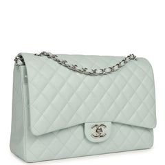 Chanel Maxi Classic Double Flap Bag Light Blue Shiny Caviar Silver Hardware
