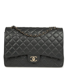 Pre-owned Chanel Maxi Classic Double Flap Bag Dark Grey Shiny Caviar Light Gold Hardware