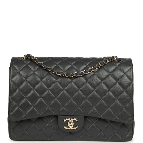Pre-owned Chanel Maxi Classic Double Flap Bag Dark Grey Shiny Caviar Light Gold Hardware
