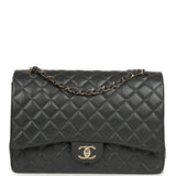Pre-owned Chanel Maxi Classic Double Flap Bag Dark Grey Shiny Caviar Light Gold Hardware - Thumbnail View 1