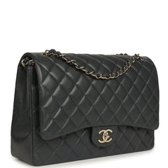 Pre-owned Chanel Maxi Classic Double Flap Bag Dark Grey Shiny Caviar Light Gold Hardware