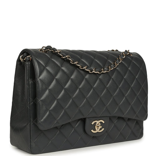 Pre-owned Chanel Maxi Classic Double Flap Bag Dark Grey Shiny Caviar Light Gold Hardware