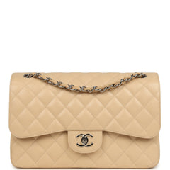 Pre-owned Chanel Jumbo Classic Double Flap Bag Light Beige Caviar Silver Hardware