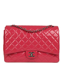 Pre-owned Chanel Maxi Classic Double Flap Bag Dark Pink Patent Silver Hardware