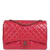 Pre-owned Chanel Maxi Classic Double Flap Bag Dark Pink Patent Silver Hardware - Thumbnail View 1