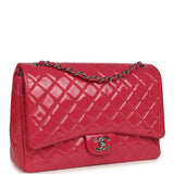 Pre-owned Chanel Maxi Classic Double Flap Bag Dark Pink Patent Silver Hardware - Thumbnail View 2