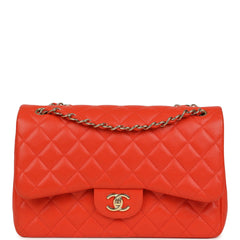 Pre-owned Chanel Jumbo Classic Double Flap Bag Dark Orange Shiny Caviar Light Gold Hardware