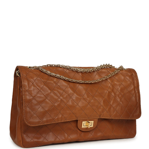 Chanel Maxi "Crush" Reissue 225 2.55 Double Flap Bag Camel Patinated Calfskin Gold Hardware