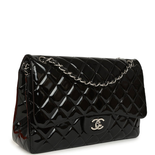 Pre-owned Chanel Jumbo Classic Double Flap Bag Black Patent Silver Hardware