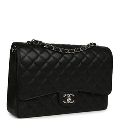 Chanel Maxi Classic Double Flap Bag Black Caviar Silver Hardware