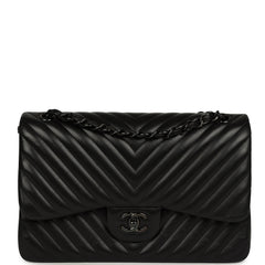 Pre-owned Chanel Jumbo Classic Chevron Double Flap Bag So Black Lambskin Black Hardware