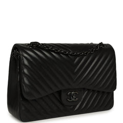 Pre-owned Chanel Jumbo Classic Chevron Double Flap Bag So Black Lambskin Black Hardware
