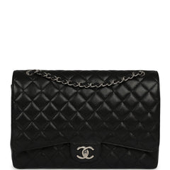 Pre-owned Chanel Maxi Classic Double Flap Bag Black Caviar Silver Hardware