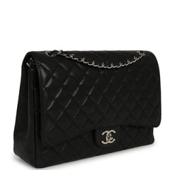 Pre-owned Chanel Maxi Classic Double Flap Bag Black Caviar Silver Hardware