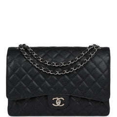 Chanel Maxi Classic Double Flap Bag Black Caviar Silver Hardware