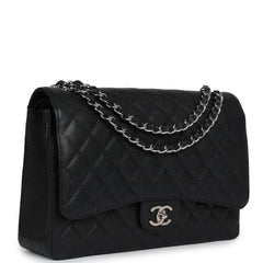 Chanel Maxi Classic Double Flap Bag Black Caviar Silver Hardware