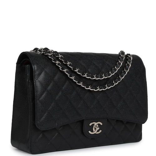 Chanel Maxi Classic Double Flap Bag Black Caviar Silver Hardware