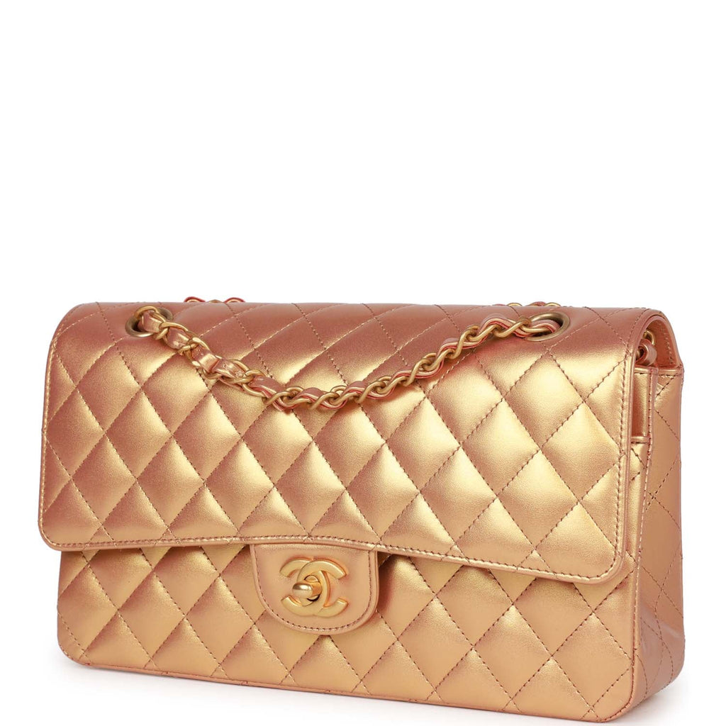 Chanel Iridescent Rose Gold Chevron Quilted Caviar Medium Classic Double Flap Silver Hardware, 2017, Beige Womens Handbag