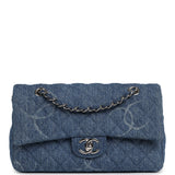 Pre-owned Chanel Medium Classic "CC Printed" Flap Bag Blue Denim Silver Hardware - Thumbnail View 1