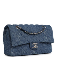 Pre-owned Chanel Medium Classic "CC Printed" Flap Bag Blue Denim Silver Hardware