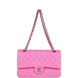 Pre-owned Chanel Medium Classic Double Flap Bag Neon Pink Lambskin Silver Hardware