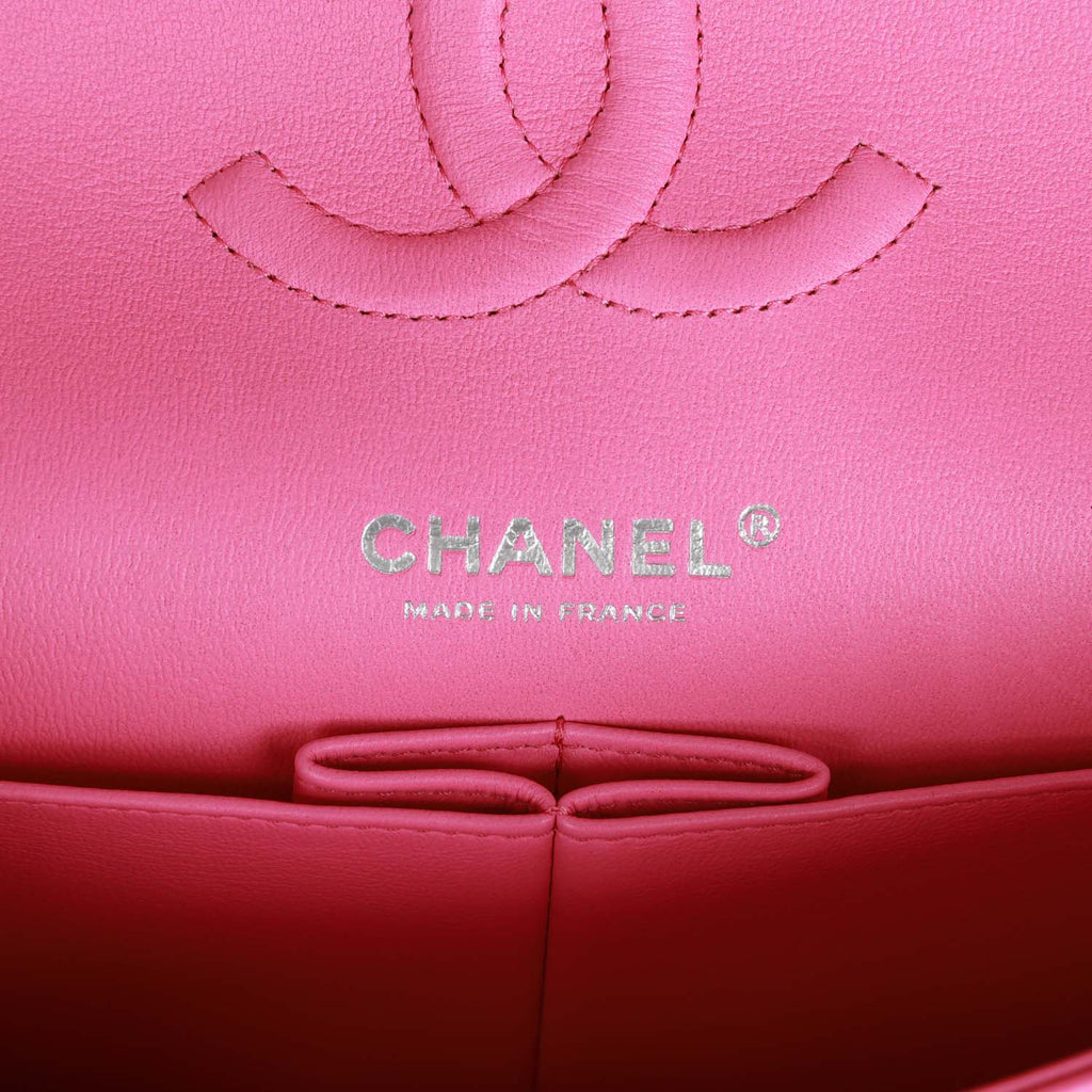Pre-owned Chanel Medium Classic Double Flap Bag Neon Pink Lambskin Silver Hardware